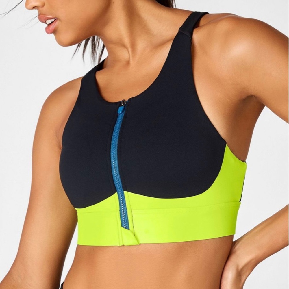 NWT Fabletics Ella High Support Zip Front Sports Bra Black/Pacific Blue/Neon